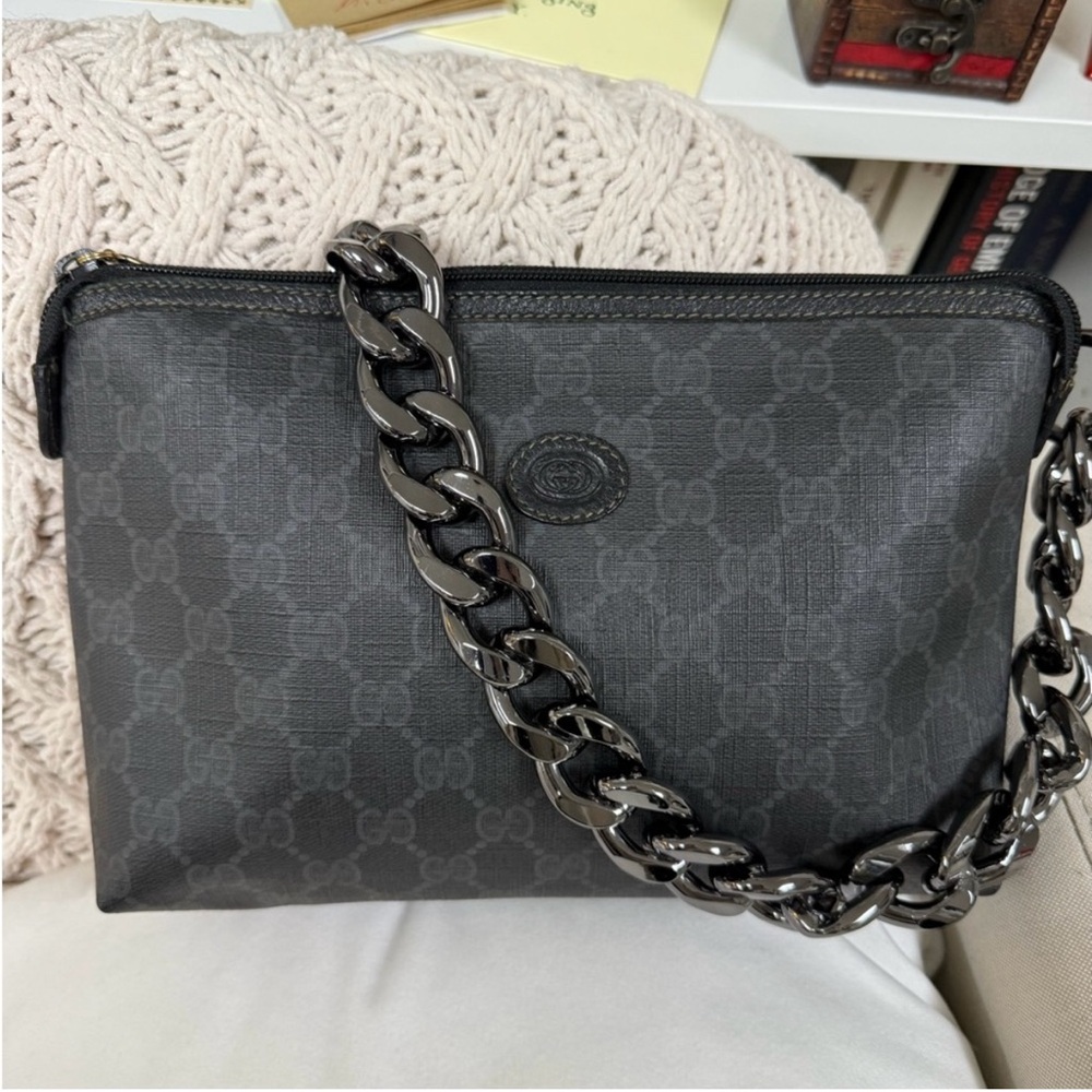 ❌SOLD Gucci Dark Gray Monogram clutch with unbranded Silver Chain